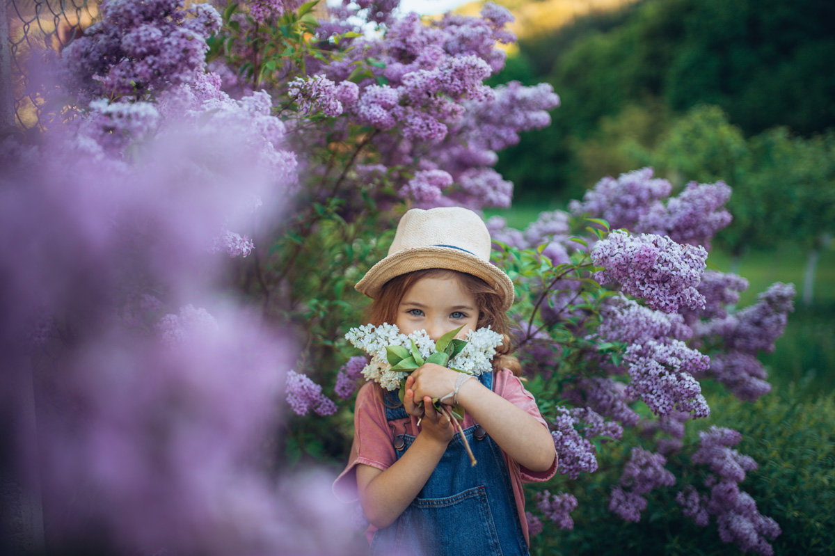 Petite fille tenant des bouquets de Lilas